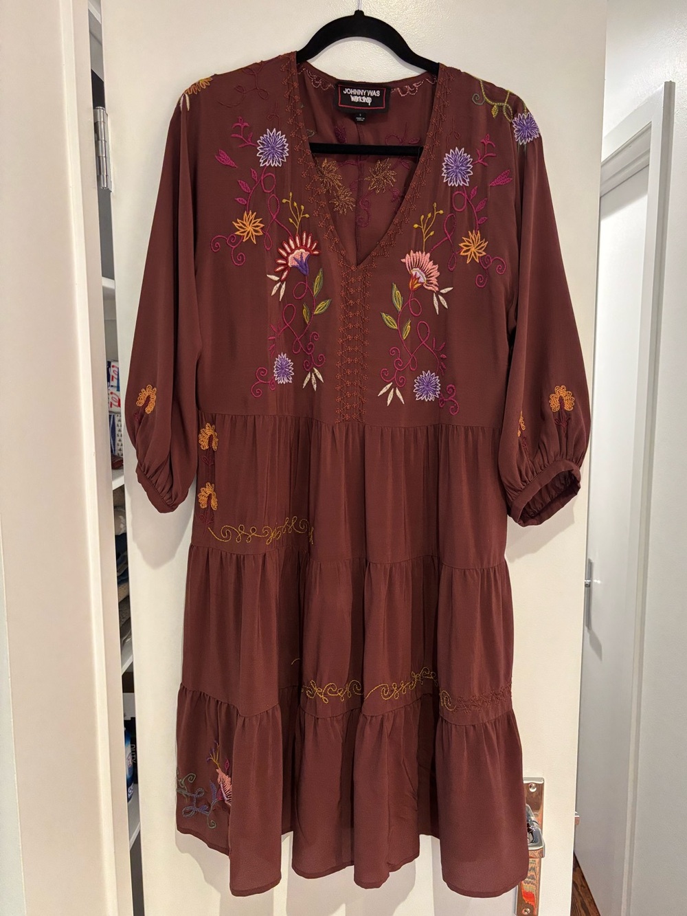 Johnny Was Workshop Embroidered Silk Boho - Dry Cleaned -Tiered Dress Burgundy S